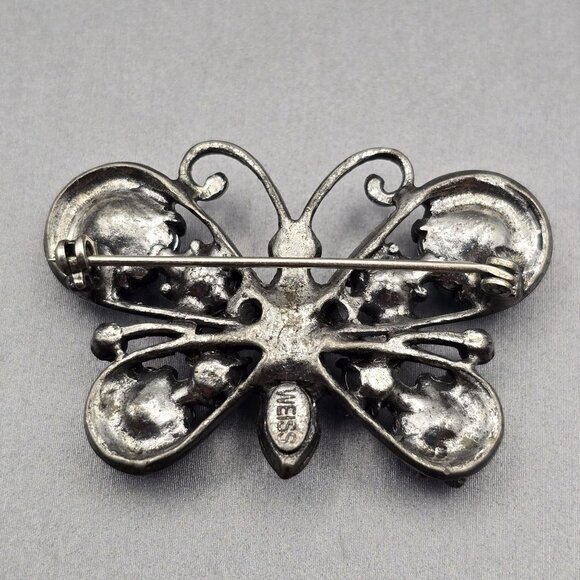 VTG Signed Weiss Butterfly Brooch 1.5" Blue & Green Rhinestones Silver Tone - Picture 4 of 8